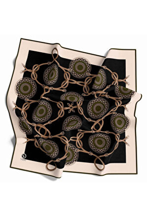 Twill Kemerli Ve Geometrik Desenli Haki Renkli 90x90 Eşarp (İpek İçermez) Kenar Dikiş Şekli El Dikişli