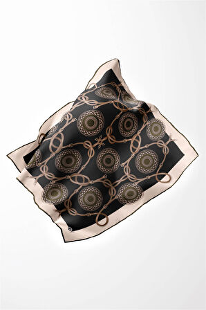 Twill Kemerli Ve Geometrik Desenli Haki Renkli 90x90 Eşarp (İpek İçermez) Kenar Dikiş Şekli El Dikişli
