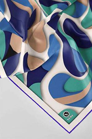 Twill Soyut Geometrik Desenli Saks - Koyu Mint Yeşili Renkli 90x90 Eşarp (İpek İçermez) Dikim Şekli : El Dikişi