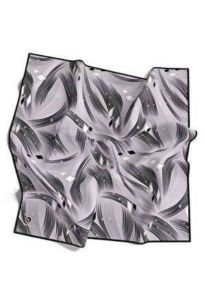 Rayon Geometrik Çizgili Desenli Gri Renkli 90x90 Eşarp (İpek İçermez) Kenar Dikiş Şekli El Dikişli