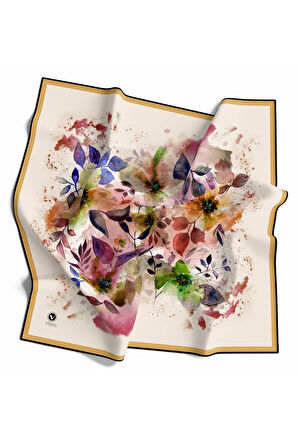 Kristal Çiçek Desenli Krem - Gold Renkli 90x90 Eşarp (İpek İçermez) Dikim Şekli : El Dikişi