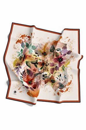 Kristal Çiçek Desenli Krem - Taba Renkli 90x90 Eşarp (İpek İçermez) Dikim Şekli : El Dikişi