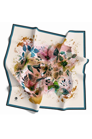 Kristal Çiçek Desenli Krem - Petrol Mavisi Renkli 90x90 Eşarp (İpek İçermez) Dikim Şekli : El Dikişi