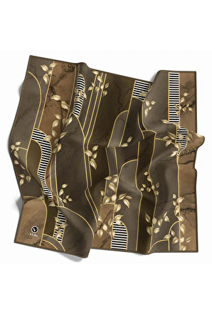 Twill Yapraklı Ve Geometrik Desenli Bej Renkli 90x90 Eşarp (İpek İçermez) Kenar Dikiş Şekli El Dikişli