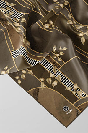 Twill Yapraklı Ve Geometrik Desenli Bej Renkli 90x90 Eşarp (İpek İçermez) Kenar Dikiş Şekli El Dikişli