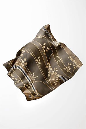 Twill Yapraklı Ve Geometrik Desenli Bej Renkli 90x90 Eşarp (İpek İçermez) Kenar Dikiş Şekli El Dikişli