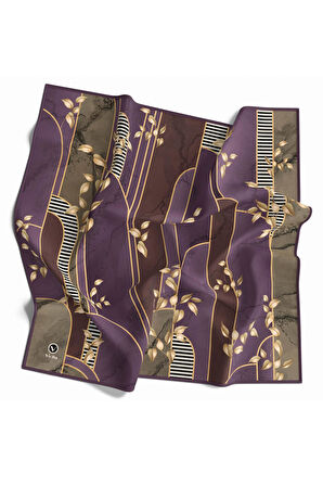 Twill Yapraklı Ve Geometrik Desenli Mürdüm Renkli 90x90 Eşarp (İpek İçermez) Kenar Dikiş Şekli El Dikişli