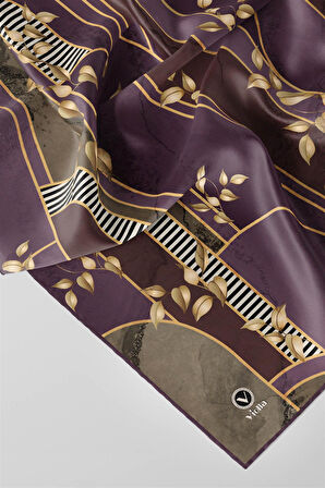 Twill Yapraklı Ve Geometrik Desenli Mürdüm Renkli 90x90 Eşarp (İpek İçermez) Kenar Dikiş Şekli El Dikişli
