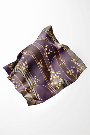 Twill Yapraklı Ve Geometrik Desenli Mürdüm Renkli 90x90 Eşarp (İpek İçermez) Kenar Dikiş Şekli El Dikişli