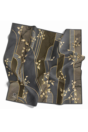 Twill Yapraklı Ve Geometrik Desenli Gri - Bej Renkli 90x90 Eşarp (İpek İçermez) Kenar Dikiş Şekli El Dikişli