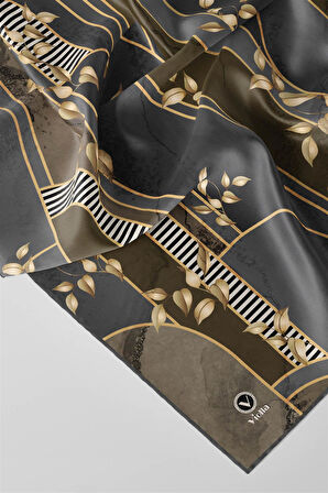 Twill Yapraklı Ve Geometrik Desenli Gri - Bej Renkli 90x90 Eşarp (İpek İçermez) Kenar Dikiş Şekli El Dikişli