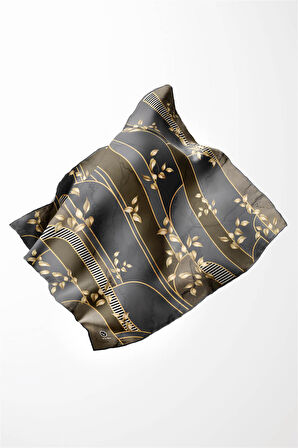 Twill Yapraklı Ve Geometrik Desenli Gri - Bej Renkli 90x90 Eşarp (İpek İçermez) Kenar Dikiş Şekli El Dikişli