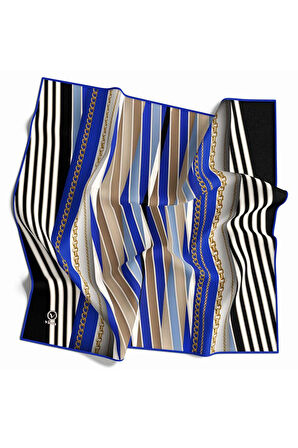 Kristal Zincirli Ve Çizgili Desenli Saks Renkli 90x90 Eşarp (İpek İçermez) Kenar Dikiş Şekli El Dikişli