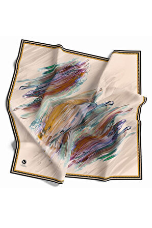 Twill Fırça Darbesi Desenli Hardal Renkli 90x90 Eşarp (İpek İçermez) Dikim Şekli : El Dikişi