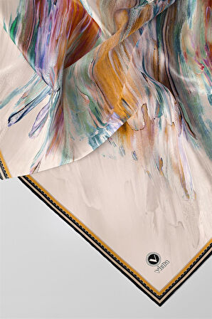 Twill Fırça Darbesi Desenli Hardal Renkli 90x90 Eşarp (İpek İçermez) Dikim Şekli : El Dikişi