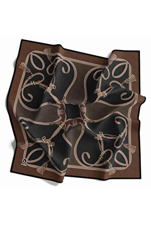 Twill Kemer Desenli Gri - Bej Renkli 90x90 Eşarp (İpek İçermez) Dikim Şekli : El Dikişi