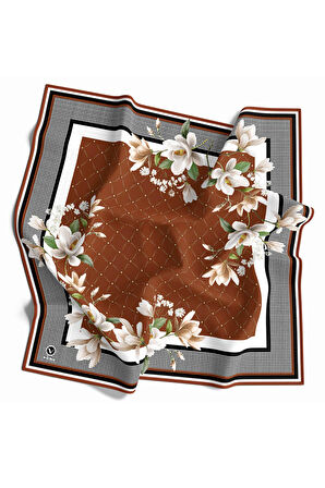 Twill Kazayaklı Ve Büyük Çiçekli Desenli Taba Renkli 90x90 Eşarp (İpek İçermez) Kenar Dikiş Şekli El Dikişli