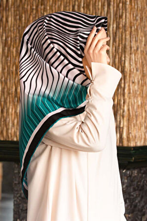 Twill Çizgili Desenli Petrol Yeşili Renkli 90x90 Eşarp (İpek İçermez)