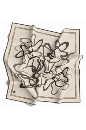 Twill Çizgili Geometrik Desenli Bej Renkli 90x90 Eşarp (İpek İçermez) Kenar Dikiş Şekli El Dikişli