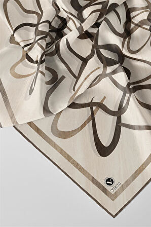 Twill Çizgili Geometrik Desenli Bej Renkli 90x90 Eşarp (İpek İçermez) Kenar Dikiş Şekli El Dikişli