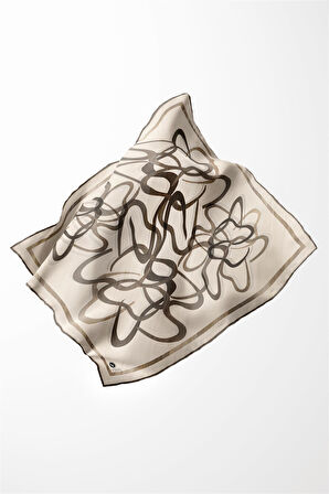 Twill Çizgili Geometrik Desenli Bej Renkli 90x90 Eşarp (İpek İçermez) Kenar Dikiş Şekli El Dikişli