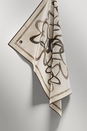 Twill Çizgili Geometrik Desenli Bej Renkli 90x90 Eşarp (İpek İçermez) Kenar Dikiş Şekli El Dikişli