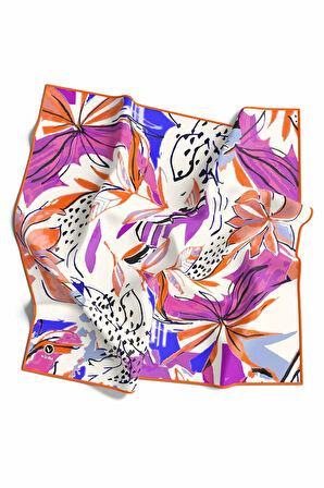 Pamuksu Dokulu Suluboya Çiçek Desenli Turuncu Renkli 90x90 Soft Eşarp Kenar Dikiş Şekli El Dikişli