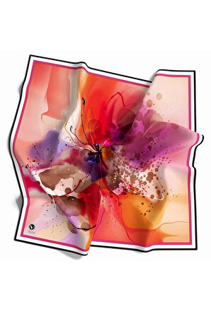 Twill Suluboya Çiçek Desenli Kırmızı Renkli 90x90 Soft Eşarp Kenar Dikiş Şekli El Dikişli