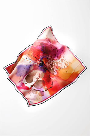 Twill Suluboya Çiçek Desenli Kırmızı Renkli 90x90 Soft Eşarp Kenar Dikiş Şekli El Dikişli