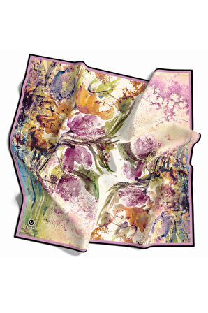 Rayon Sulu Boyalı Çiçek Desenli Lila Renkli 90x90 Eşarp (İpek İçermez) Kenar Dikiş Şekli El Dikişli