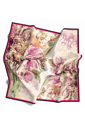 Rayon Sulu Boyalı Çiçek Desenli Fuşya Renkli 90x90 Eşarp (İpek İçermez) Kenar Dikiş Şekli El Dikişli