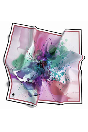Twill Suluboya Çiçek Desenli Pembe Renkli 90x90 Soft Eşarp Kenar Dikiş Şekli El Dikişli