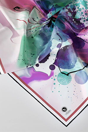 Twill Suluboya Çiçek Desenli Pembe Renkli 90x90 Soft Eşarp Kenar Dikiş Şekli El Dikişli