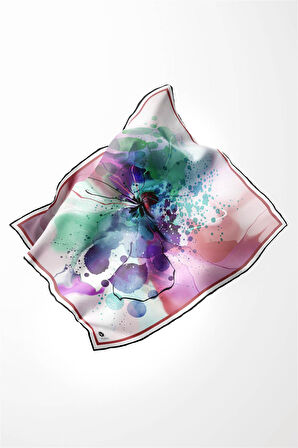 Twill Suluboya Çiçek Desenli Pembe Renkli 90x90 Soft Eşarp Kenar Dikiş Şekli El Dikişli