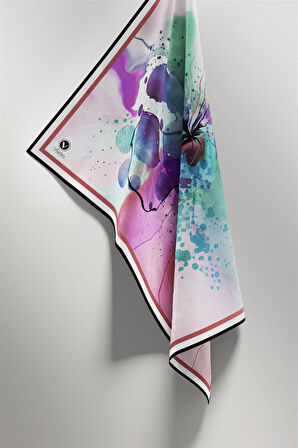 Twill Suluboya Çiçek Desenli Pembe Renkli 90x90 Soft Eşarp Kenar Dikiş Şekli El Dikişli