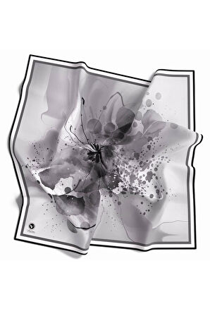 Twill Suluboya Çiçek Desenli Gri Renkli 90x90 Soft Eşarp Kenar Dikiş Şekli El Dikişli