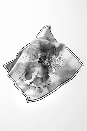 Twill Suluboya Çiçek Desenli Gri Renkli 90x90 Soft Eşarp Kenar Dikiş Şekli El Dikişli