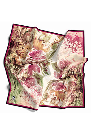 Rayon Sulu Boyalı Çiçek Desenli Mürdüm Renkli 90x90 Eşarp (İpek İçermez) Kenar Dikiş Şekli El Dikişli