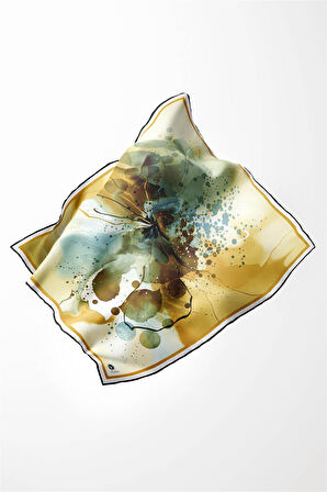 Twill Suluboya Çiçek Desenli Sarı Renkli 90x90 Soft Eşarp Kenar Dikiş Şekli El Dikişli