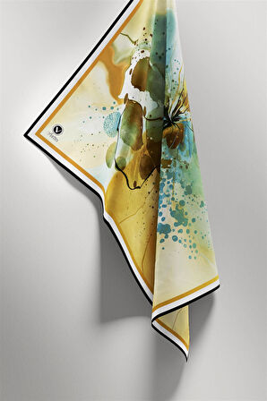 Twill Suluboya Çiçek Desenli Sarı Renkli 90x90 Soft Eşarp Kenar Dikiş Şekli El Dikişli