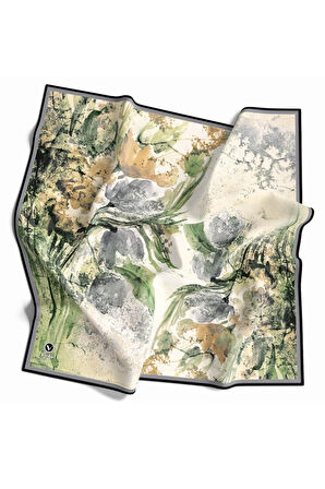 Rayon Sulu Boyalı Çiçek Desenli Gri Renkli 90x90 Eşarp (İpek İçermez) Kenar Dikiş Şekli El Dikişli