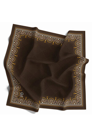 Twill Yumuşak Dokulu Kenar Motifi Şal Desenli Kahverengi Renkli 90x90 Eşarp (İpek İçermez) Dikim Şekli : El Dikişi