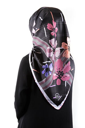 Twill Papatya Desenli Pembe Renkli 90x90 Eşarp (İpek İçermez) Kenar Dikiş Şekli El Dikişli