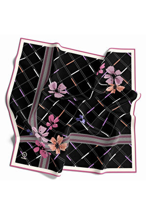 Twill Papatya Desenli Pembe Renkli 90x90 Eşarp (İpek İçermez) Kenar Dikiş Şekli El Dikişli