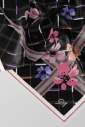 Twill Papatya Desenli Pembe Renkli 90x90 Eşarp (İpek İçermez) Kenar Dikiş Şekli El Dikişli