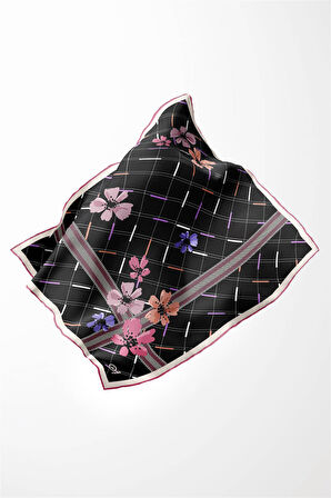 Twill Papatya Desenli Pembe Renkli 90x90 Eşarp (İpek İçermez) Kenar Dikiş Şekli El Dikişli