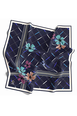 Twill Papatya Desenli İndigo Renkli 90x90 Eşarp (İpek İçermez) Kenar Dikiş Şekli El Dikişli