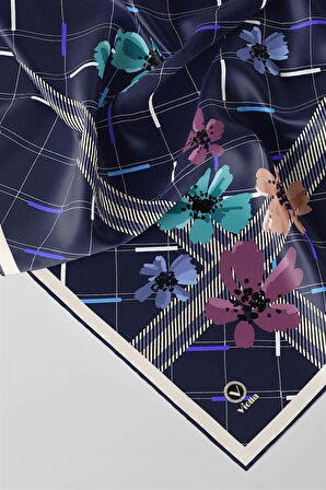 Twill Papatya Desenli İndigo Renkli 90x90 Eşarp (İpek İçermez) Kenar Dikiş Şekli El Dikişli