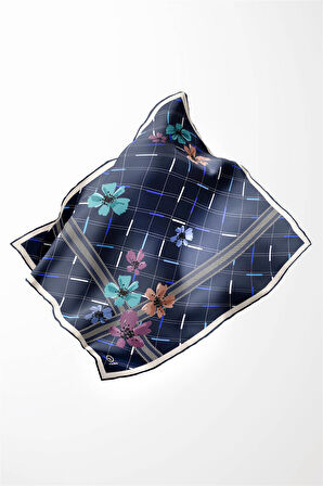 Twill Papatya Desenli İndigo Renkli 90x90 Eşarp (İpek İçermez) Kenar Dikiş Şekli El Dikişli