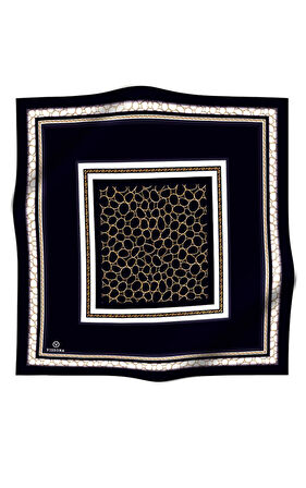 %100 Twill İpek Gold Halka Desenli Siyah - Krem Renkli 90x90 Eşarp Dikim Şekli : El Dikişi